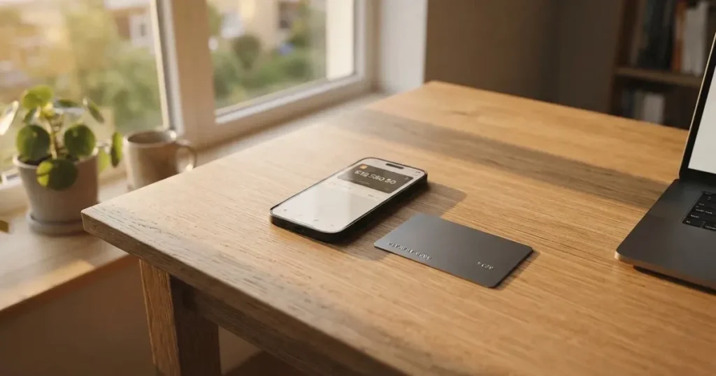 A payment card next to a phone with a crypto wallet app open