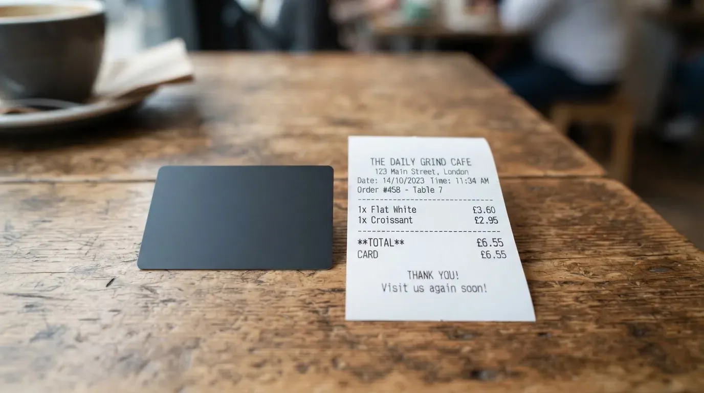 A receipt and a card on a café table