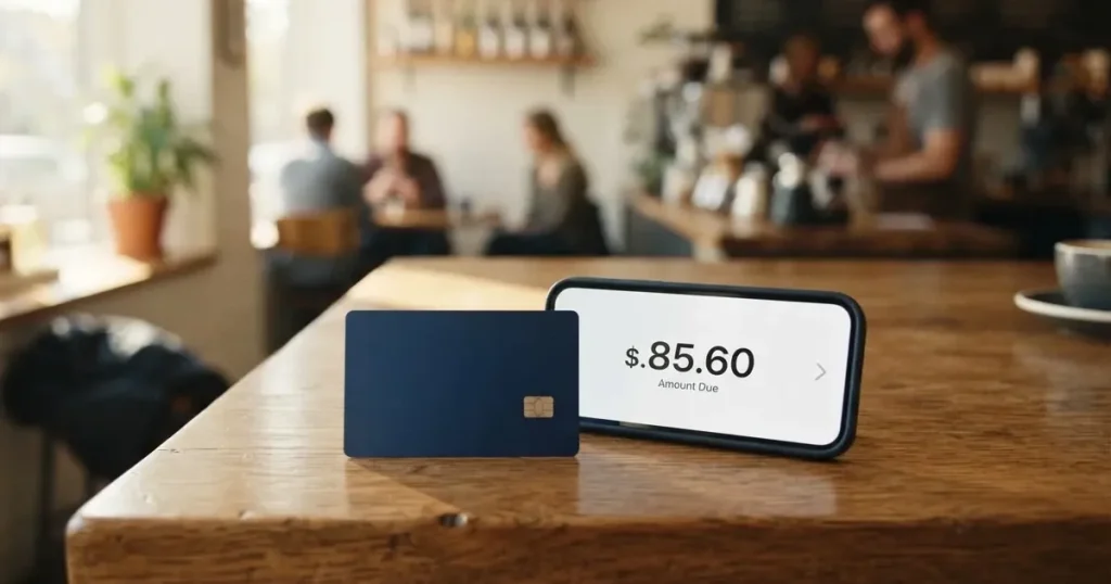 A payment card next to a phone with a crypto wallet app open