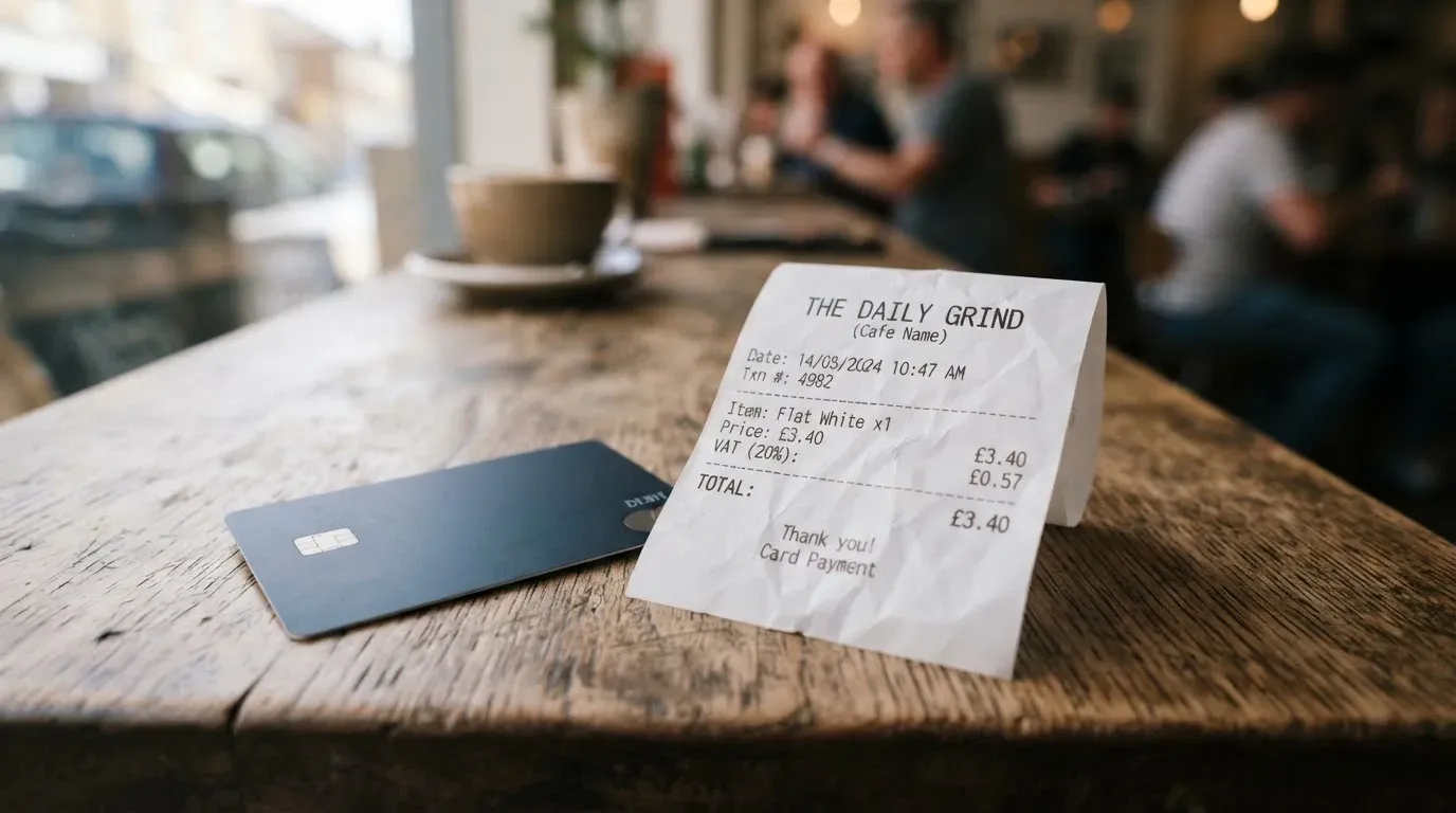 A receipt and a card on a café table