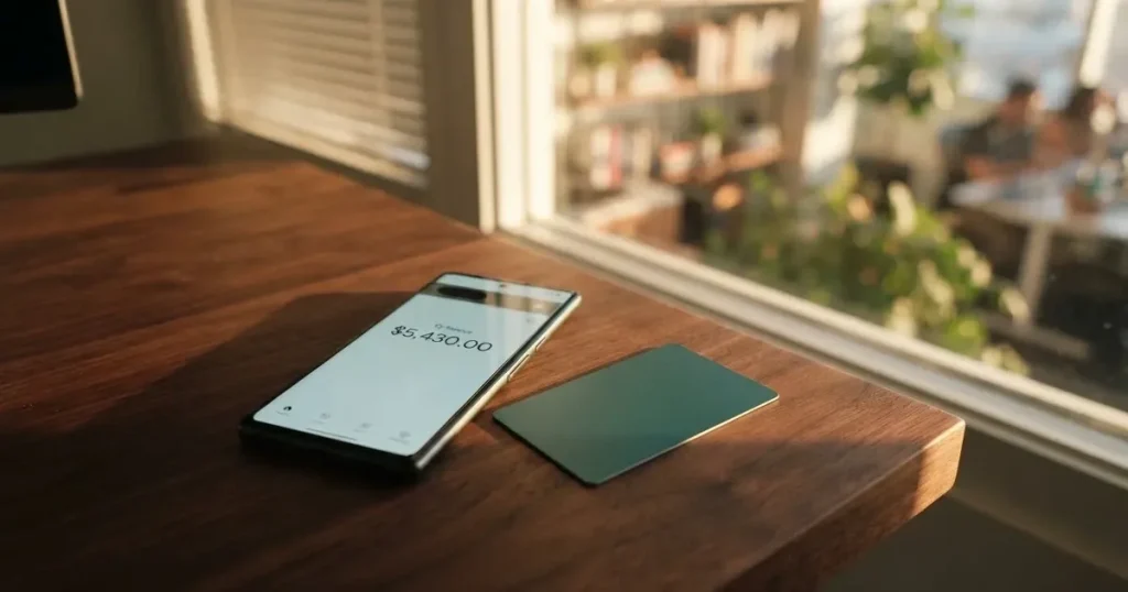 A payment card next to a phone with a crypto wallet app open