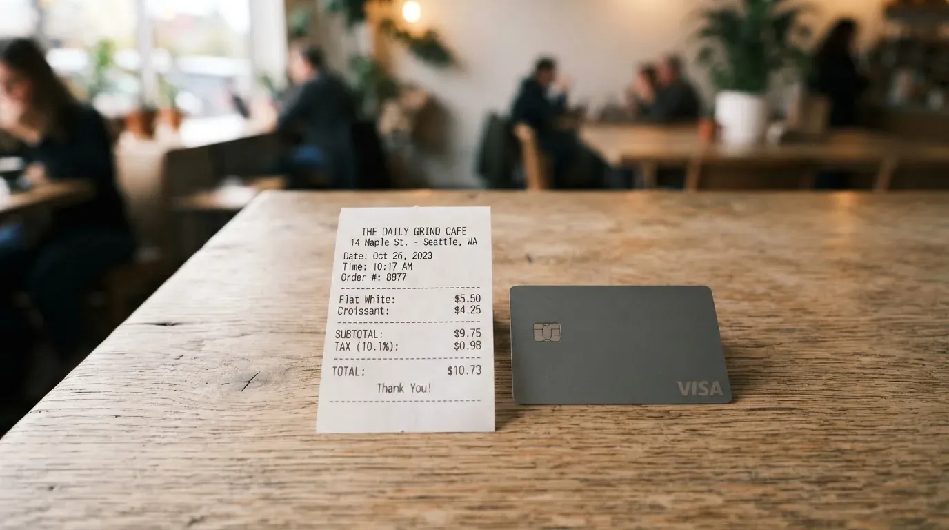 A receipt and a card on a café table