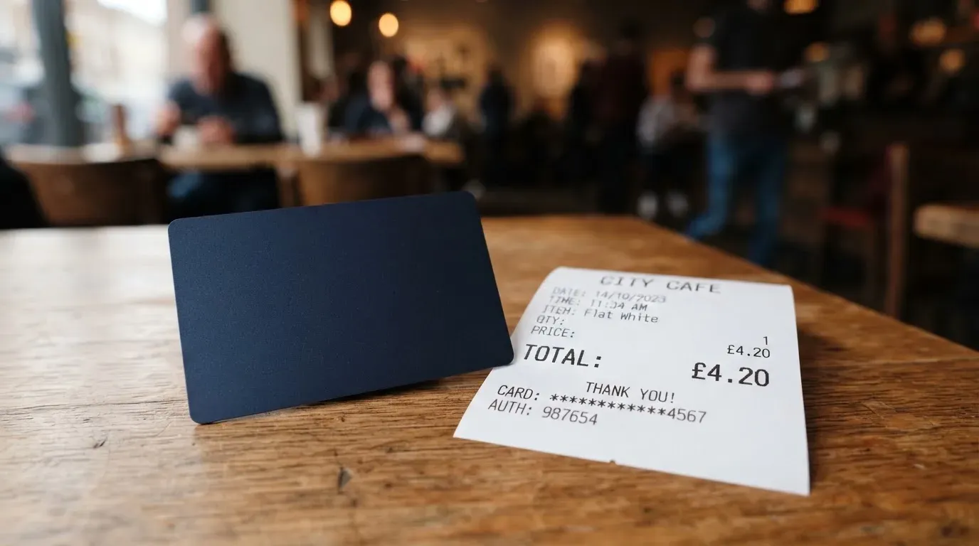 A receipt and a card on a café table