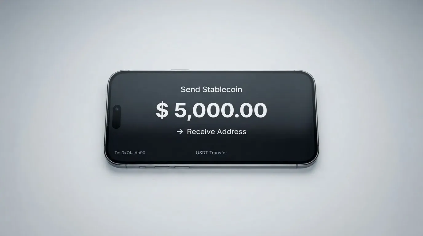 A phone showing a stablecoin transfer screen