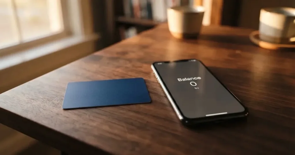 A payment card next to a phone with a crypto wallet app open