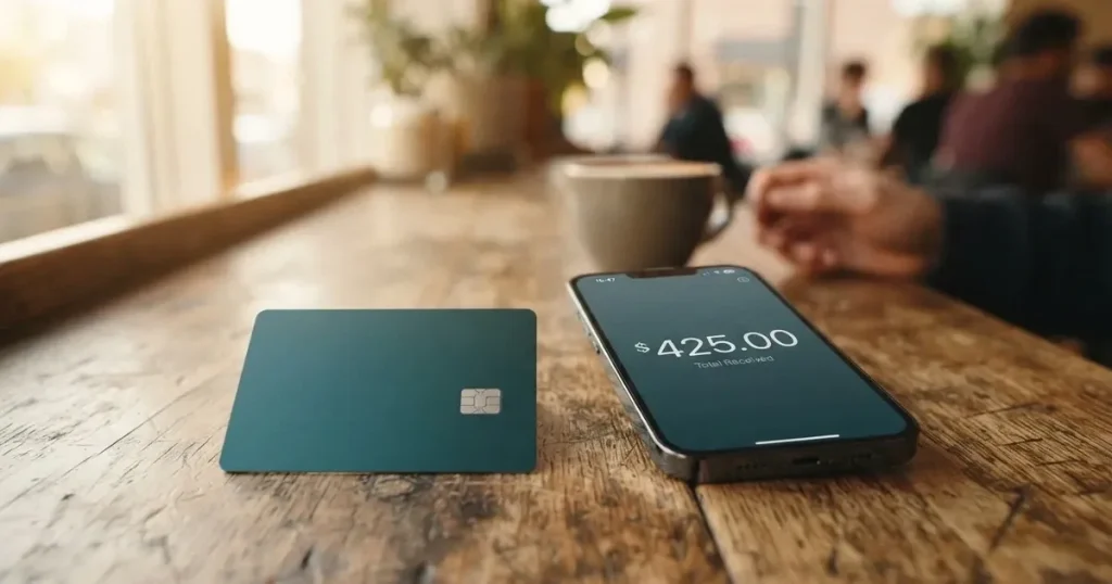 A payment card next to a phone with a crypto wallet app open