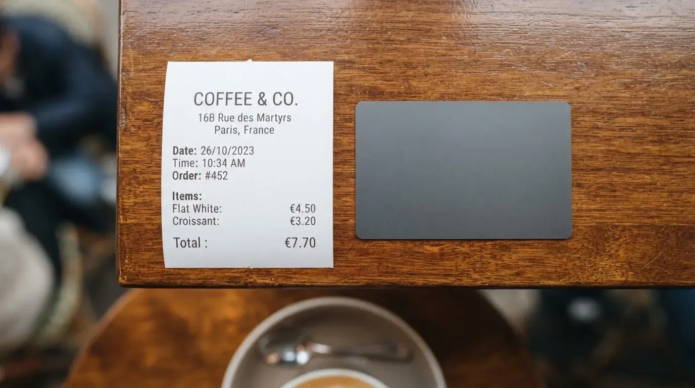 A receipt and a card on a café table