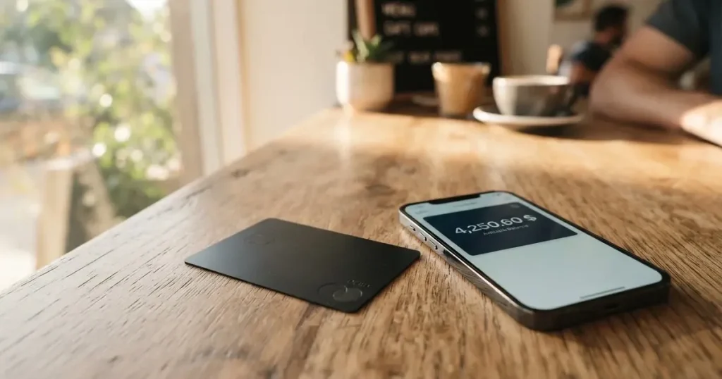 A payment card next to a phone with a crypto wallet app open