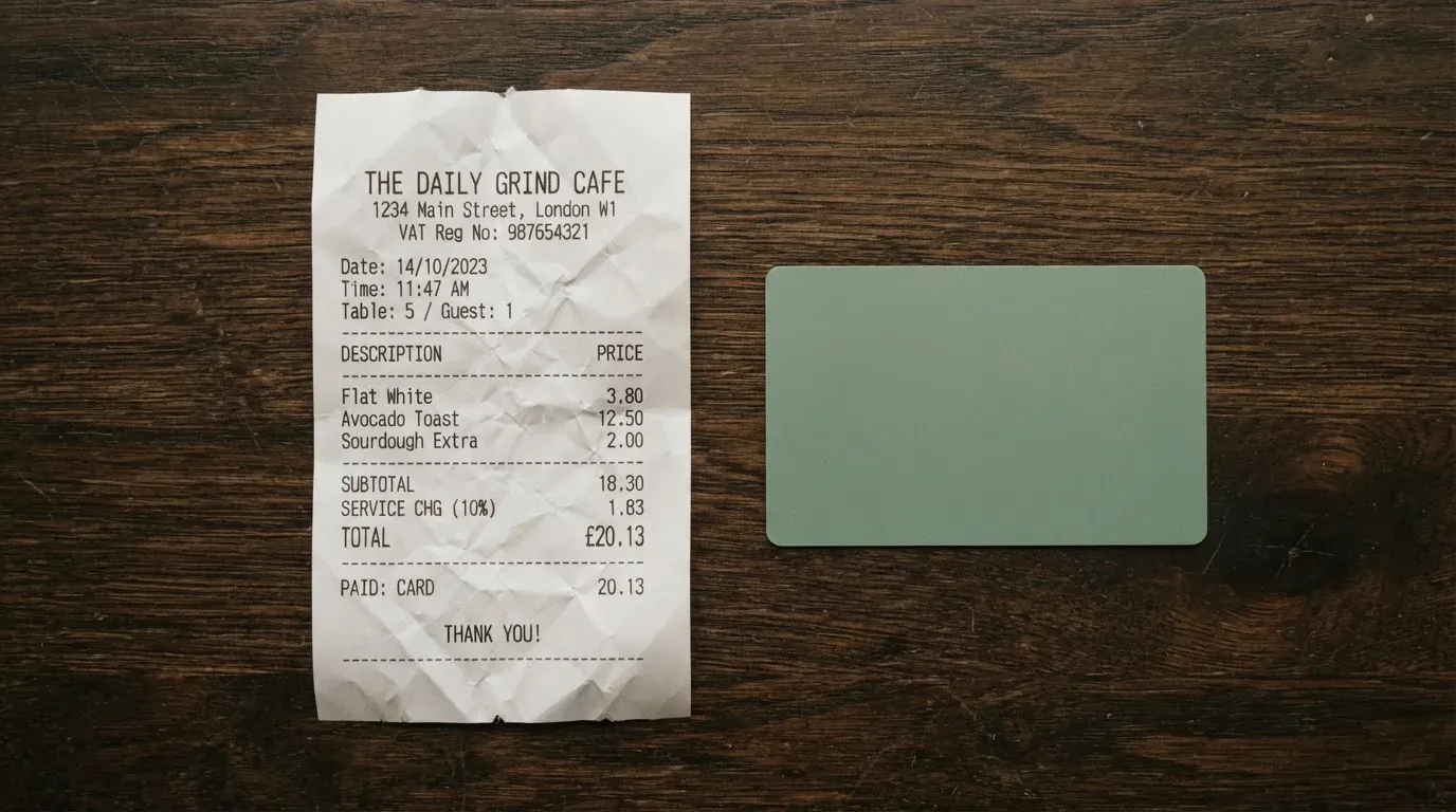 A receipt and a card on a café table