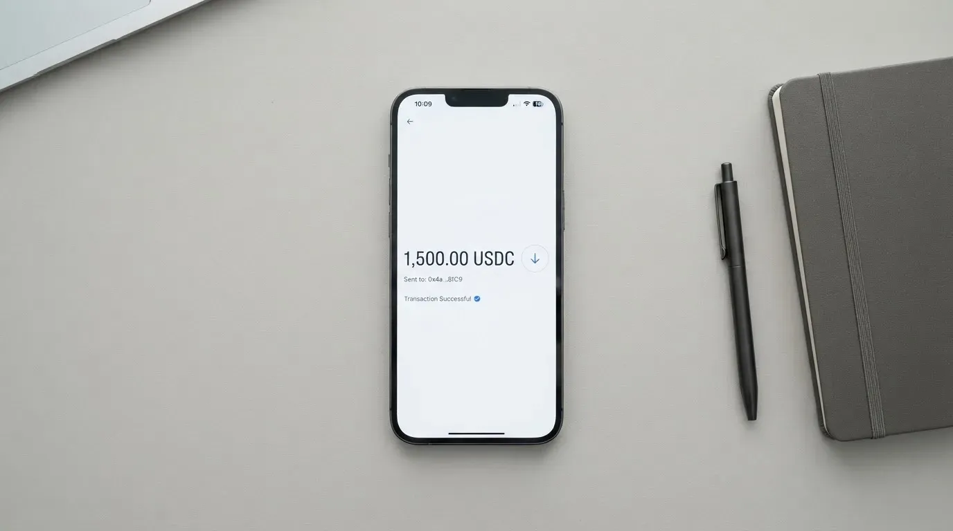 A phone showing a stablecoin transfer screen