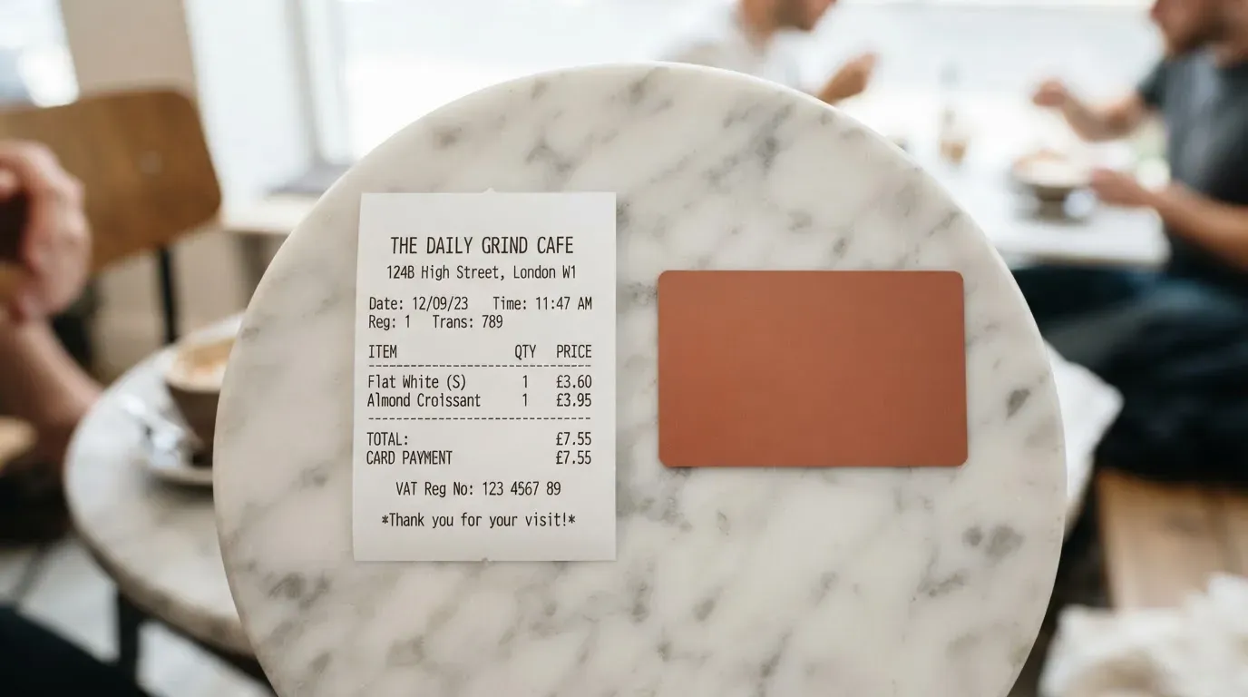 A receipt and a card on a café table