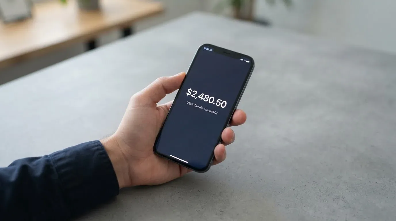 A phone showing a stablecoin transfer screen
