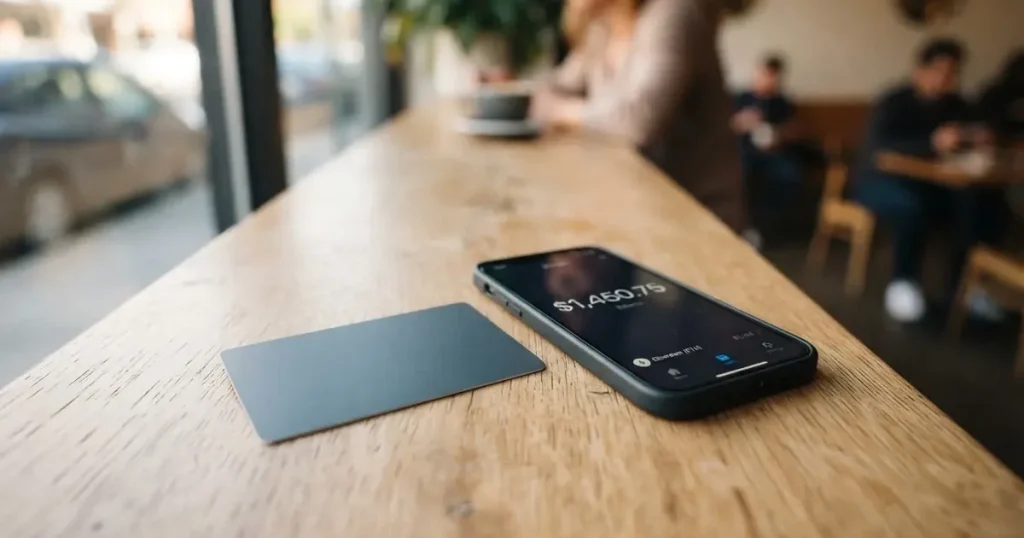 A payment card next to a phone with a crypto wallet app open