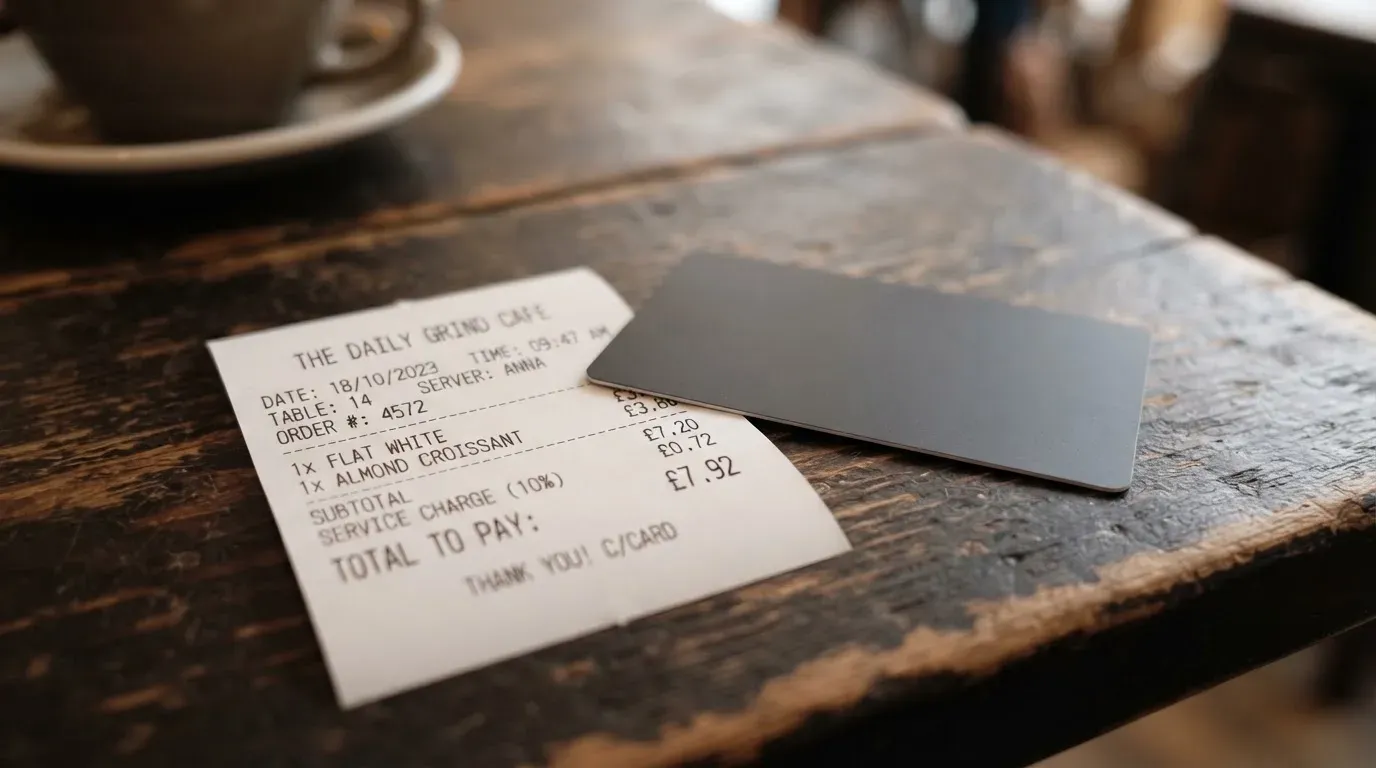 A receipt and a card on a café table