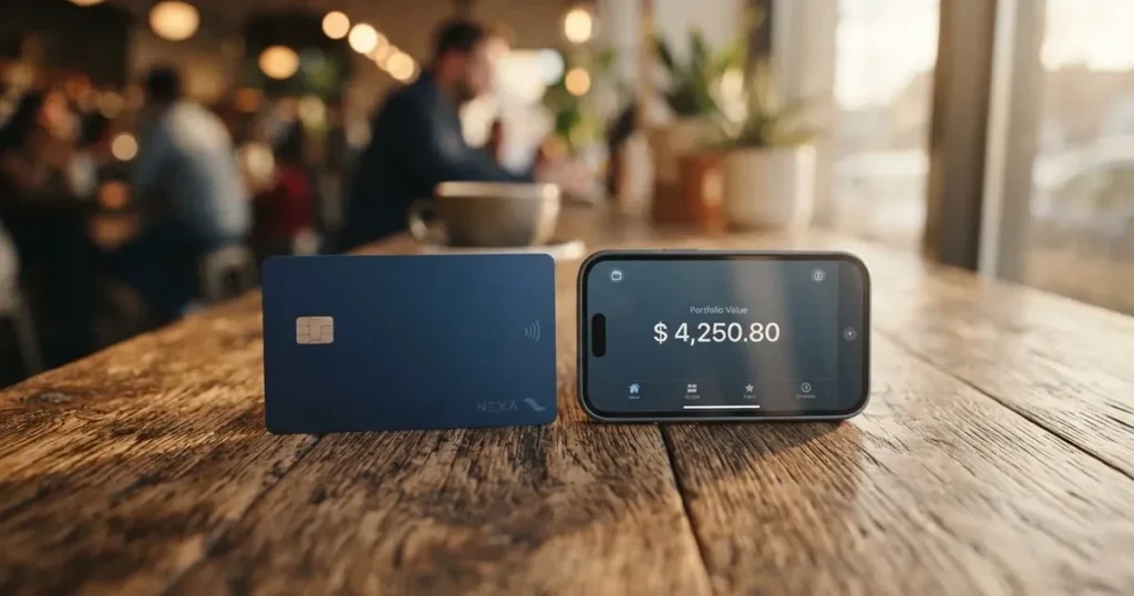 A payment card next to a phone with a crypto wallet app open