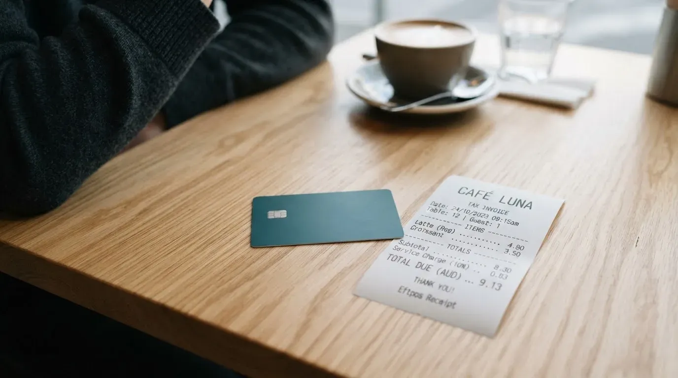 A receipt and a card on a café table