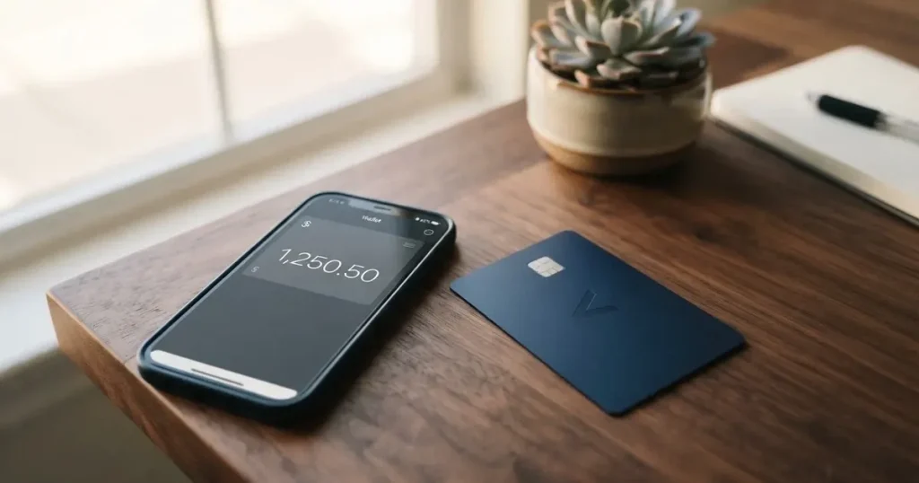 A payment card next to a phone with a crypto wallet app open