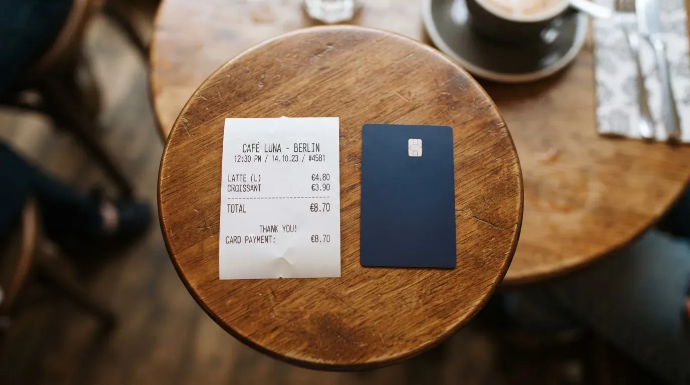 A receipt and a card on a café table