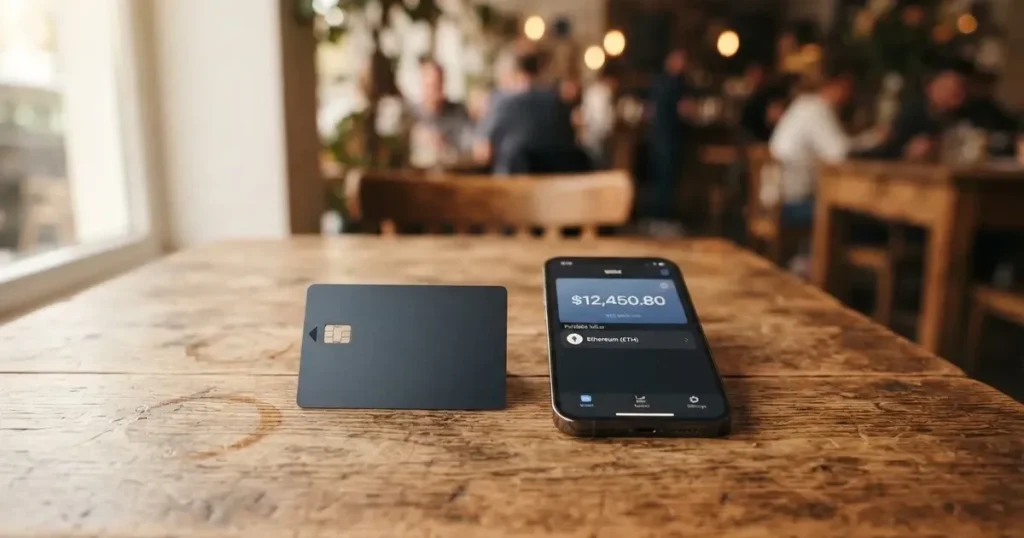 A payment card next to a phone with a crypto wallet app open