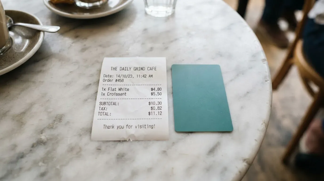 A receipt and a card on a café table