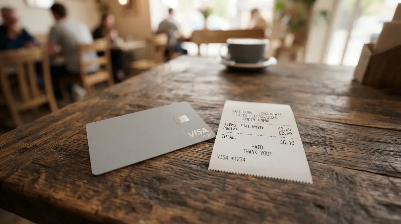 A receipt and a card on a café table