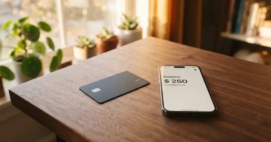 A payment card next to a phone with a crypto wallet app open