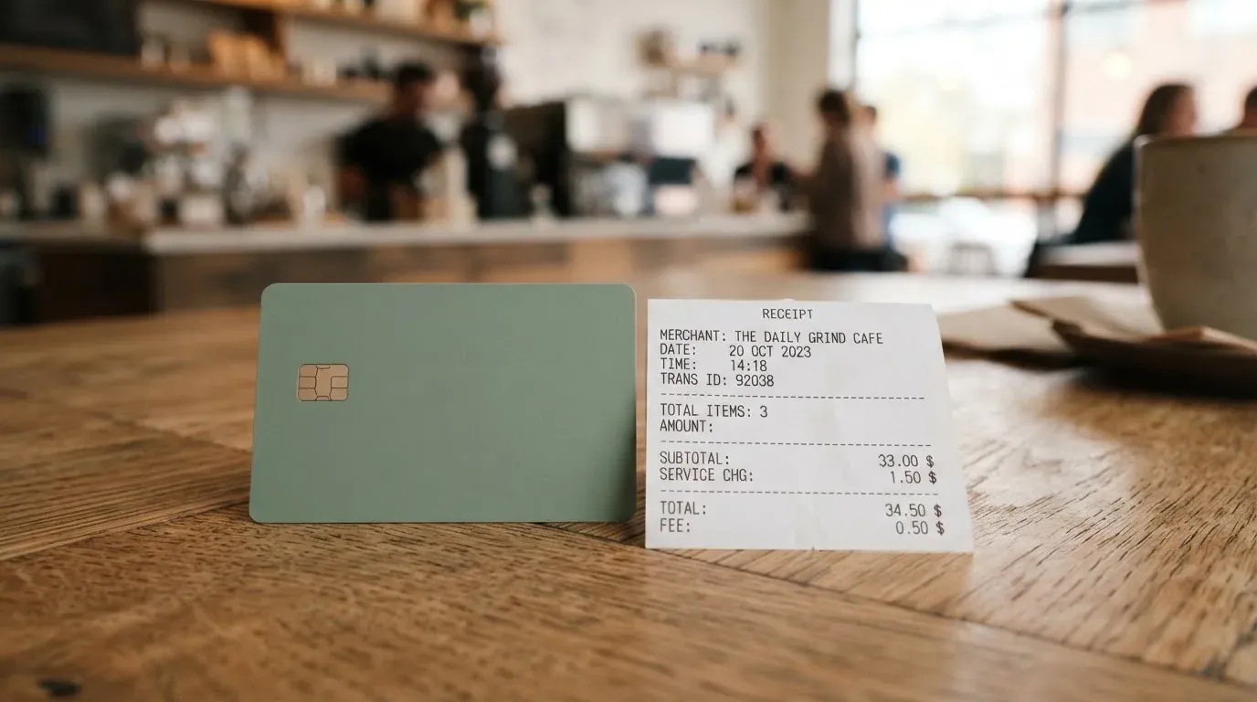 A receipt and a card on a café table