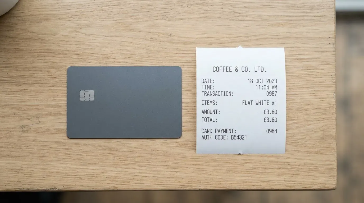 A receipt and a card on a café table