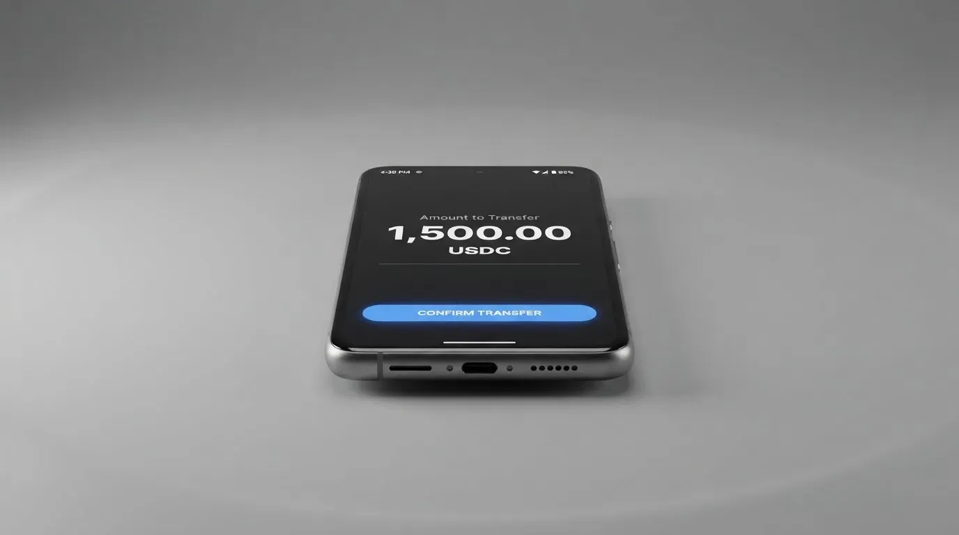 A phone showing a stablecoin transfer screen