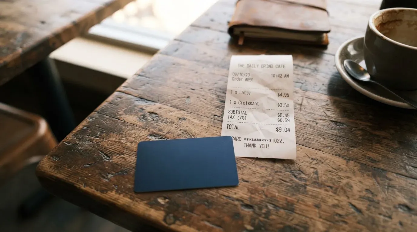A receipt and a card on a café table