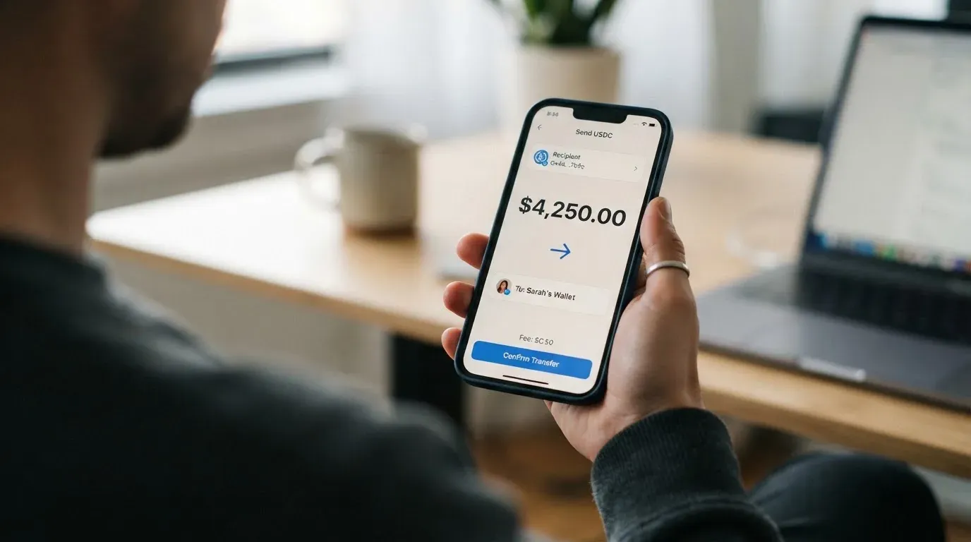 A phone showing a stablecoin transfer screen