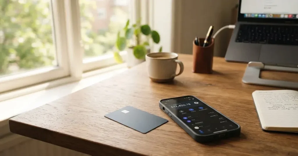 A payment card next to a phone with a crypto wallet app open