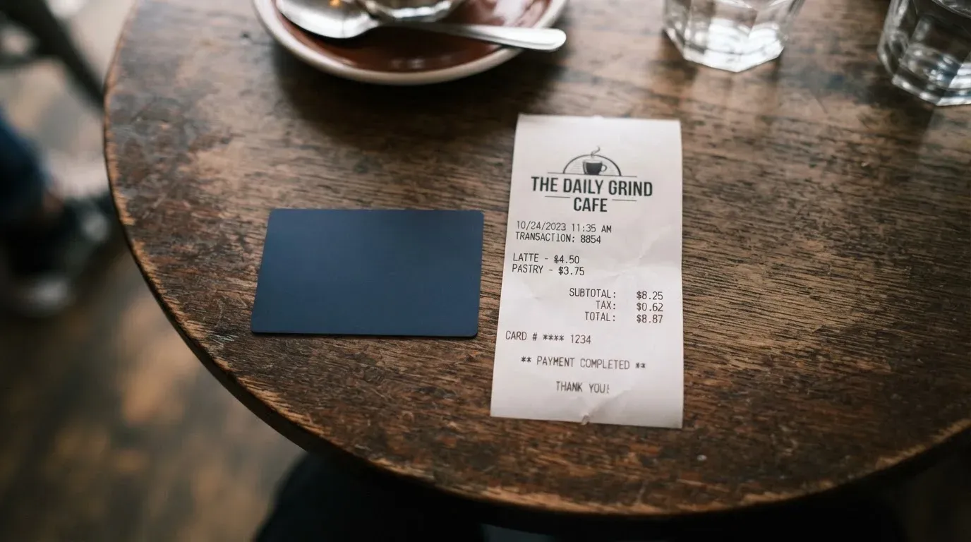 A receipt and a card on a café table