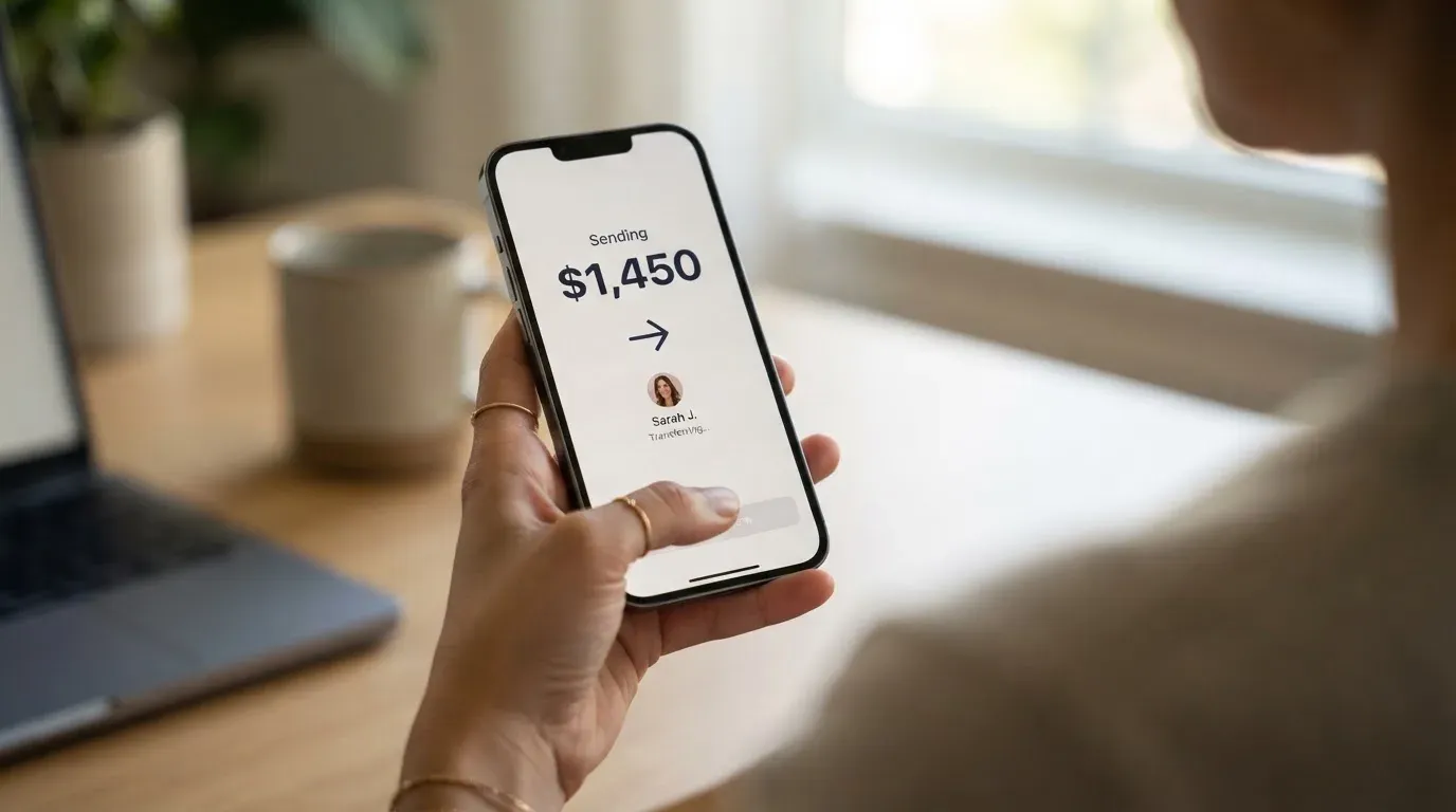A phone showing a stablecoin transfer screen
