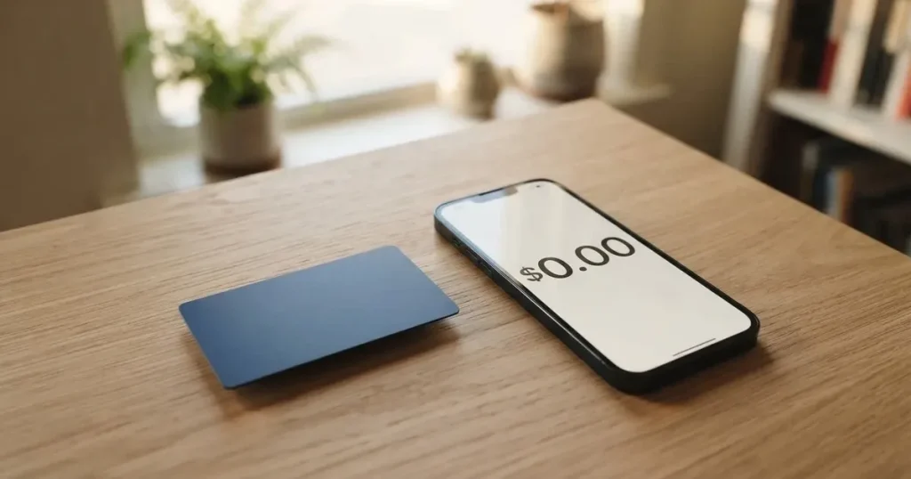 A payment card next to a phone with a crypto wallet app open