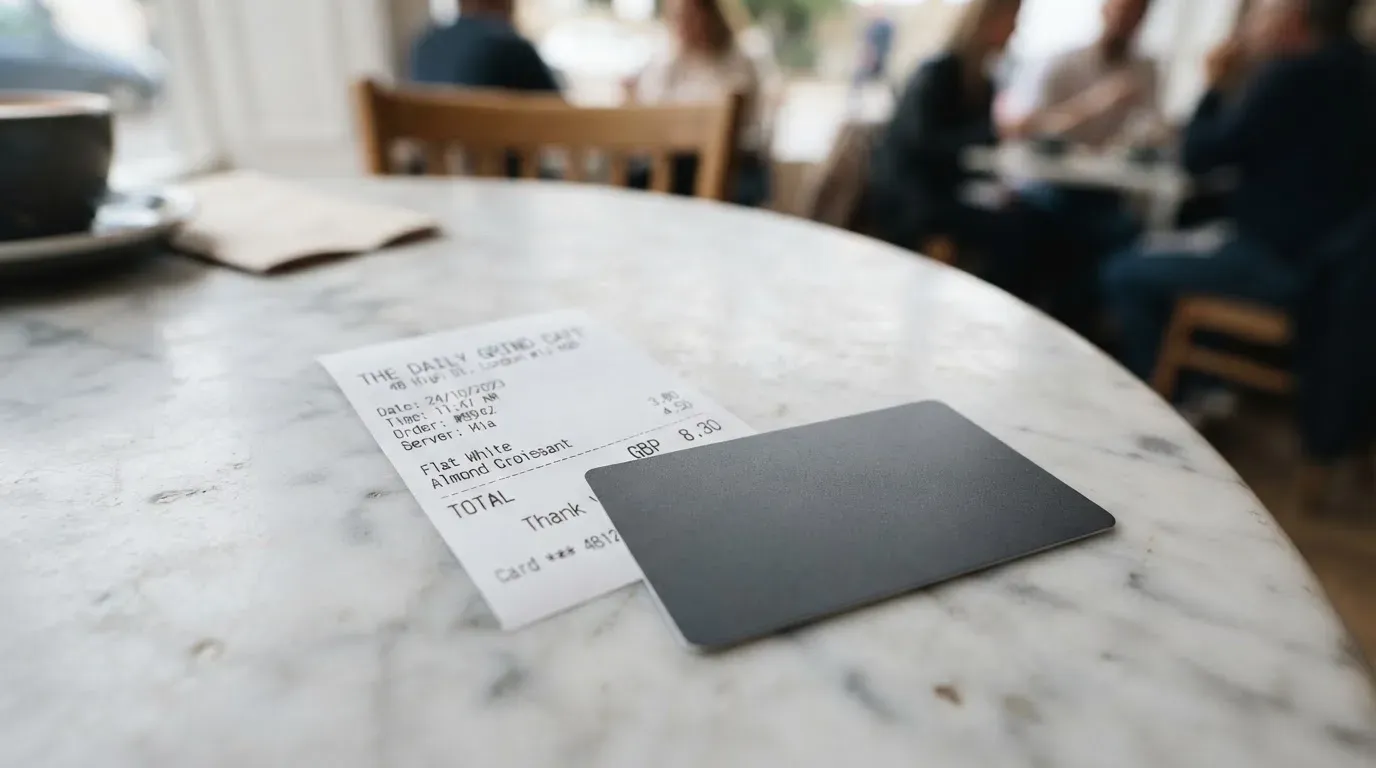 A receipt and a card on a café table