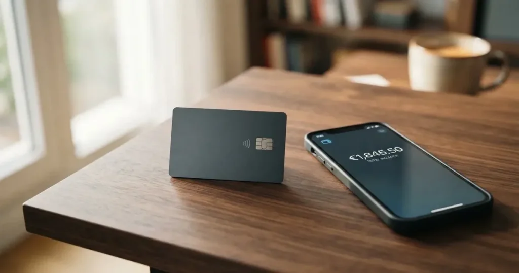 A payment card next to a phone with a crypto wallet app open
