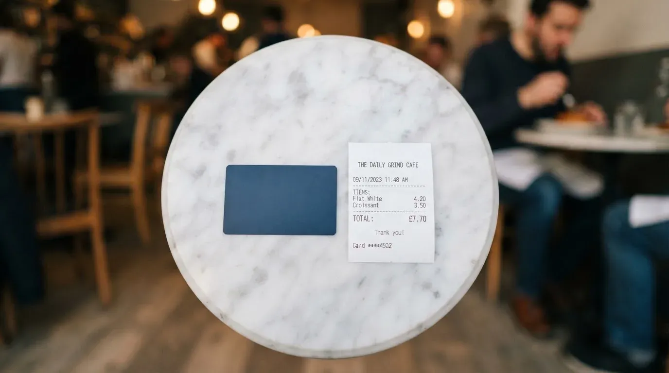 A receipt and a card on a café table