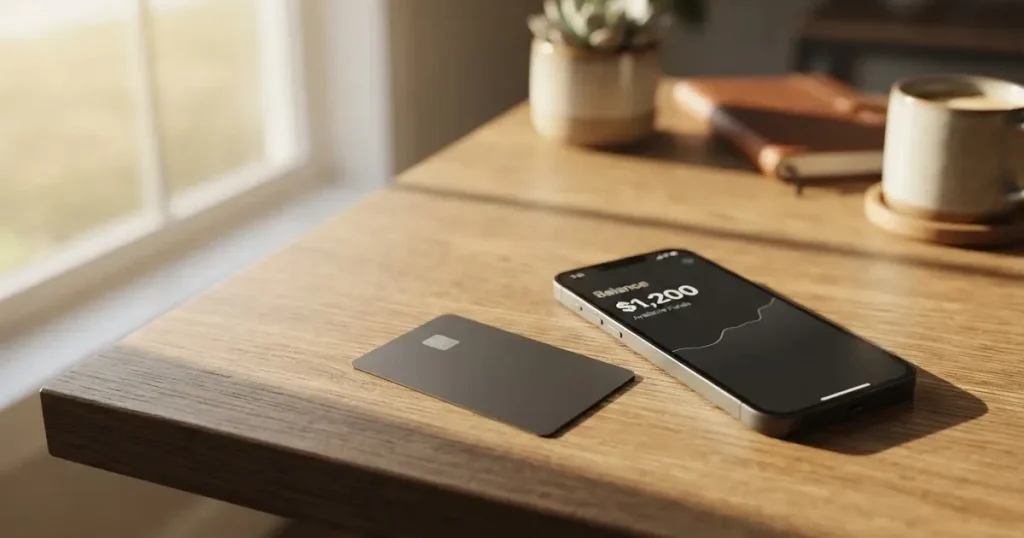 A payment card next to a phone with a crypto wallet app open