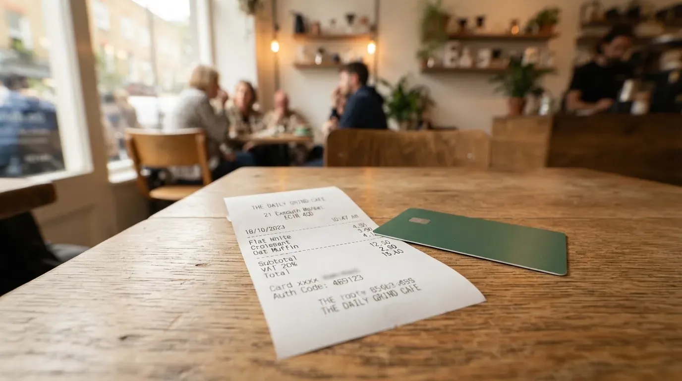 A receipt and a card on a café table