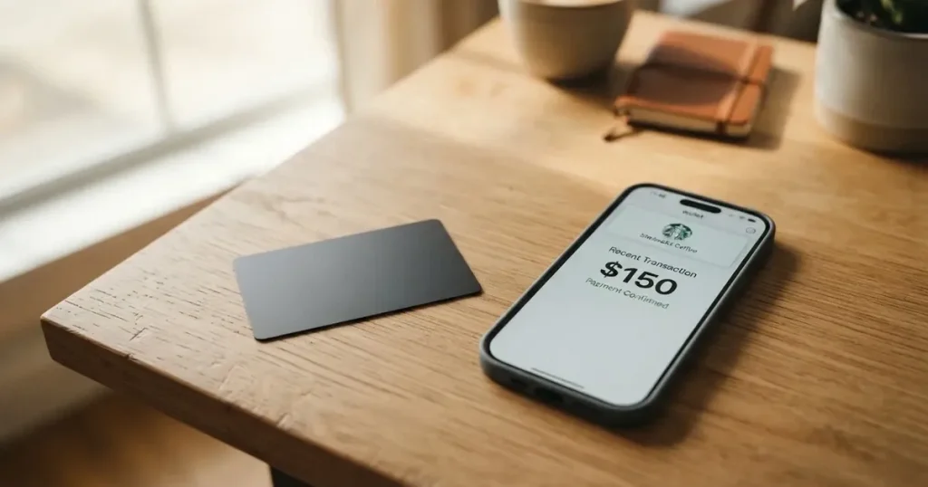 A payment card next to a phone with a crypto wallet app open