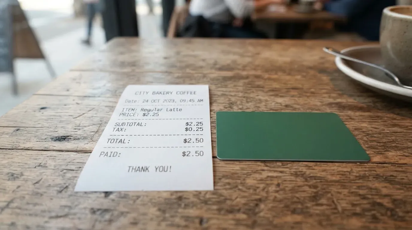 A receipt and a card on a café table