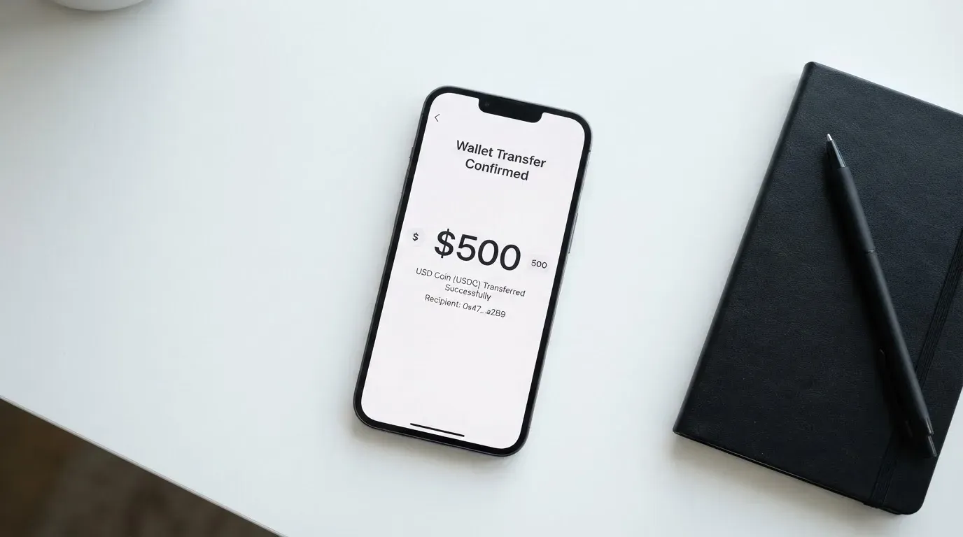 A phone showing a stablecoin transfer screen