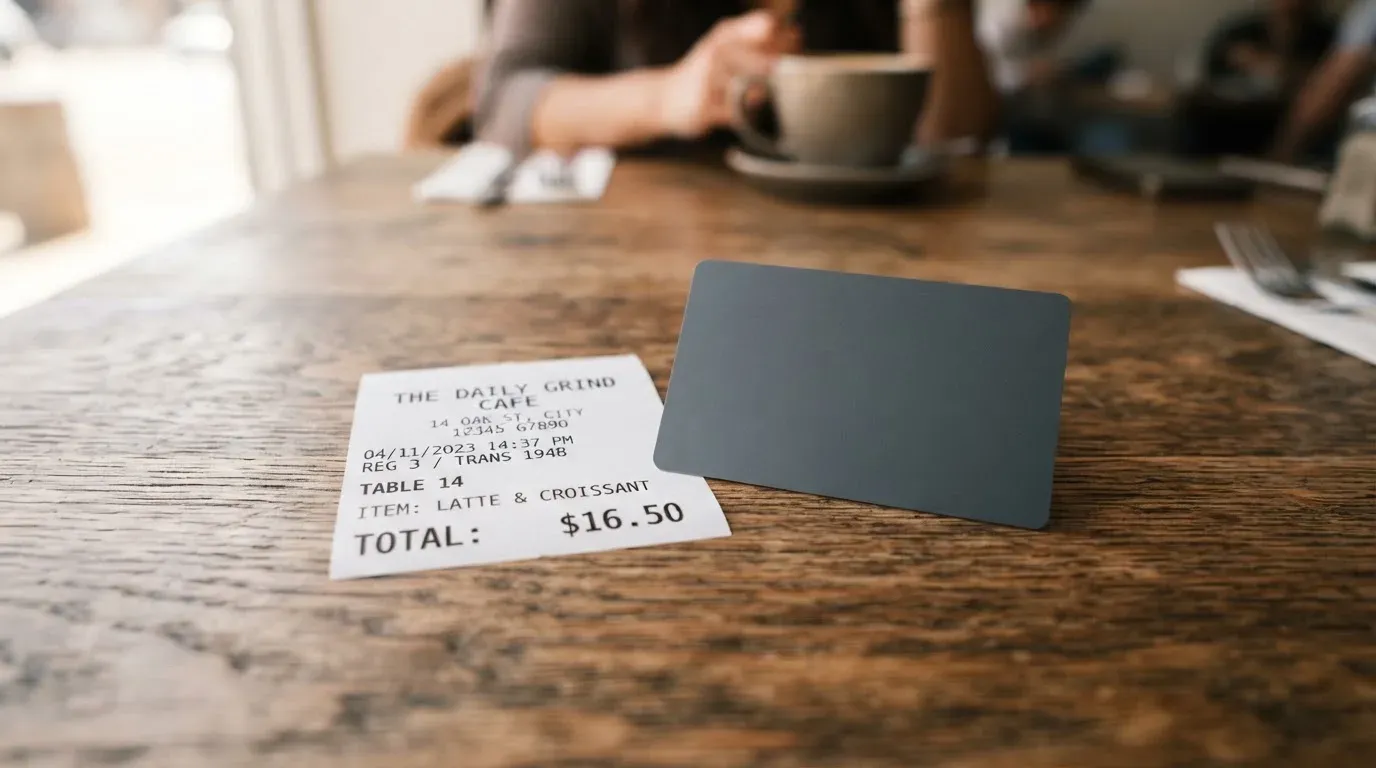 A receipt and a card on a café table