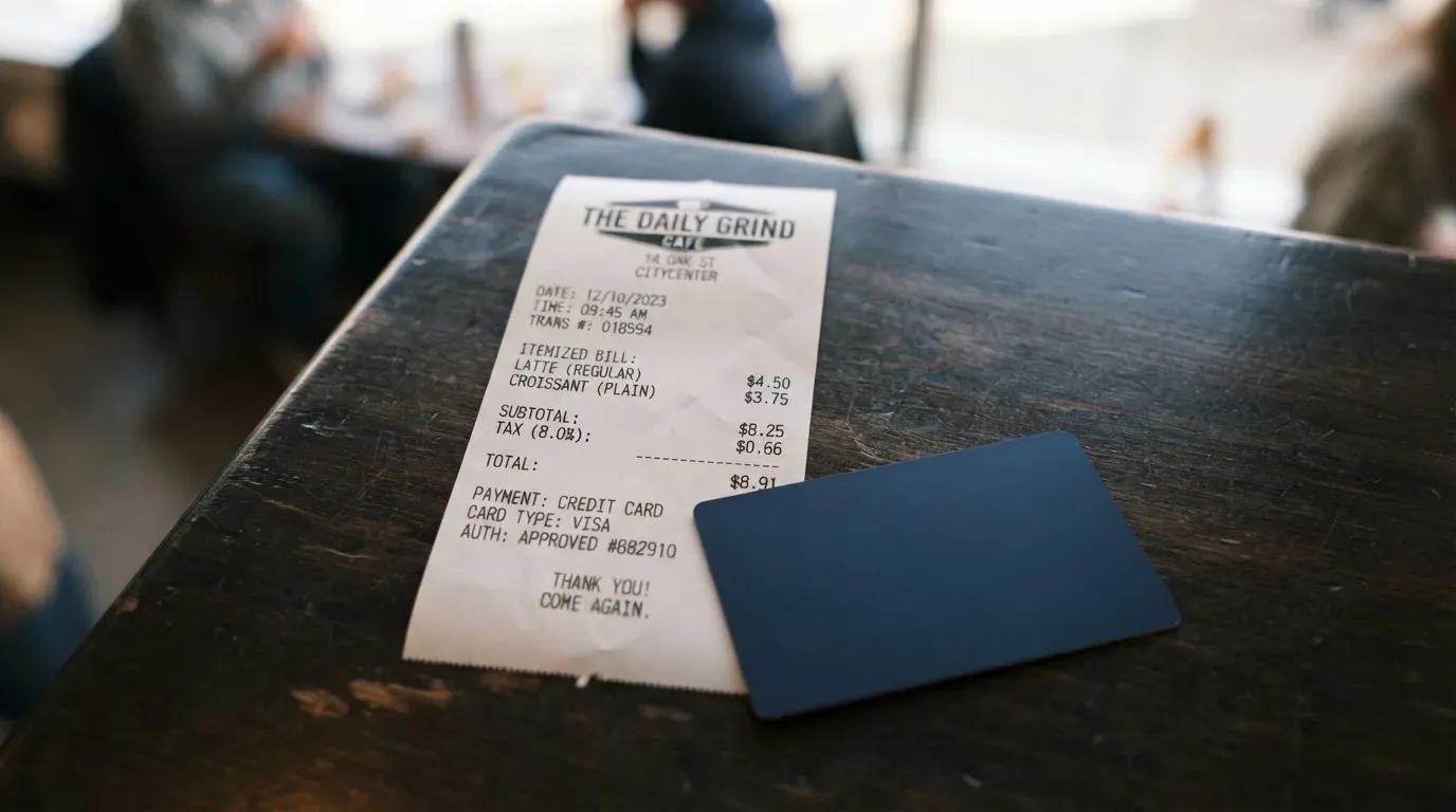 A receipt and a card on a café table