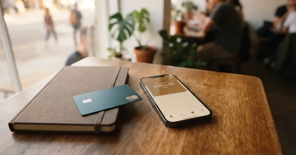 A payment card next to a phone with a crypto wallet app open