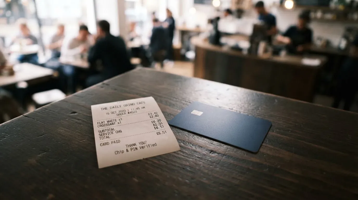 A receipt and a card on a café table