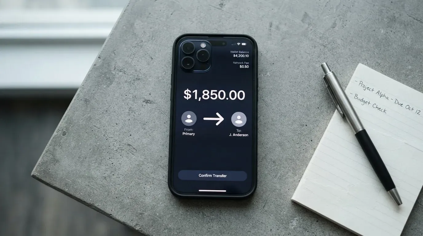 A phone showing a stablecoin transfer screen
