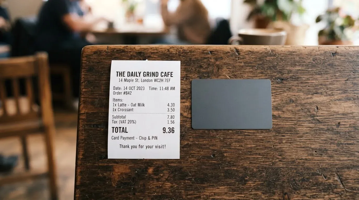 A receipt and a card on a café table