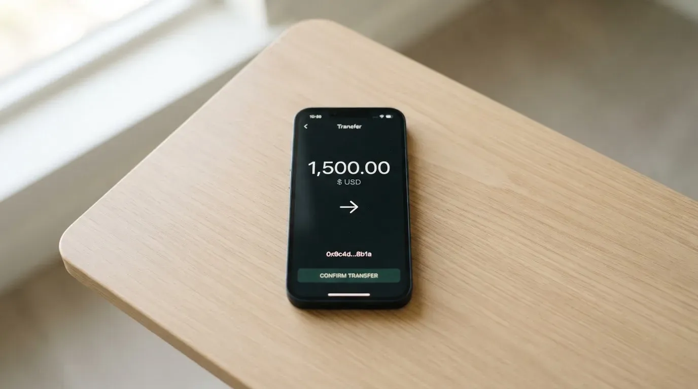 A phone showing a stablecoin transfer screen